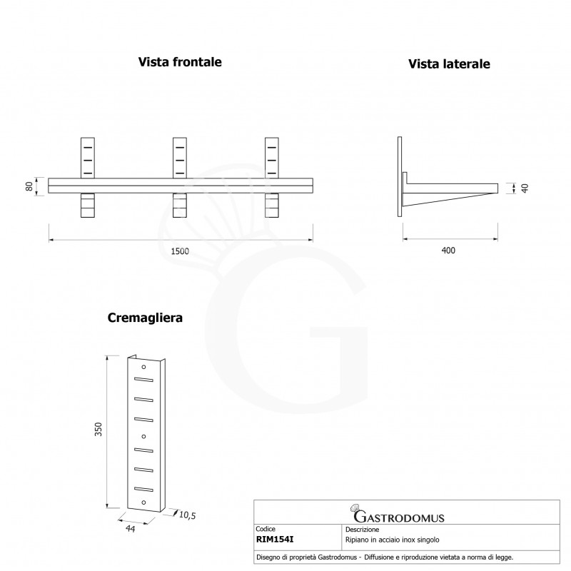 Estante de pared de acero inoxidable L 1500 mm x P 400 mm x A 350 mm