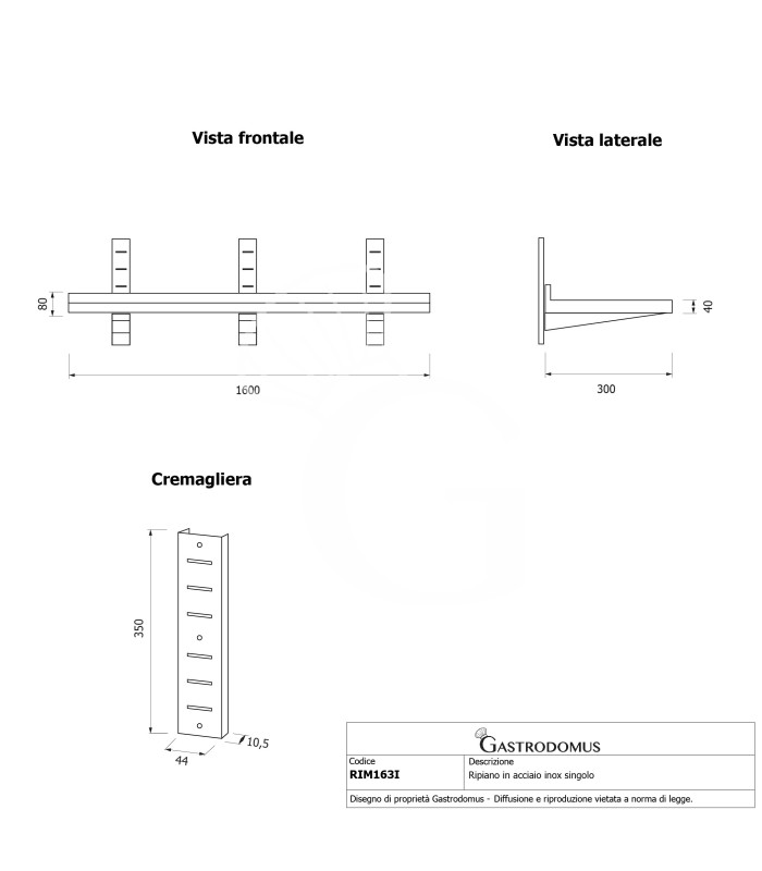Estante de pared de acero inoxidable, L 1600 mm x P 300 mm x A 350 mm