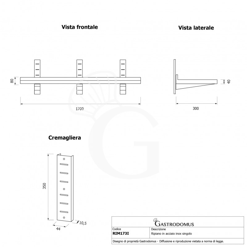 Estante simple en acero inoxidable, longitud 1700 mm x profundidad 300 mm x altura 350 mm