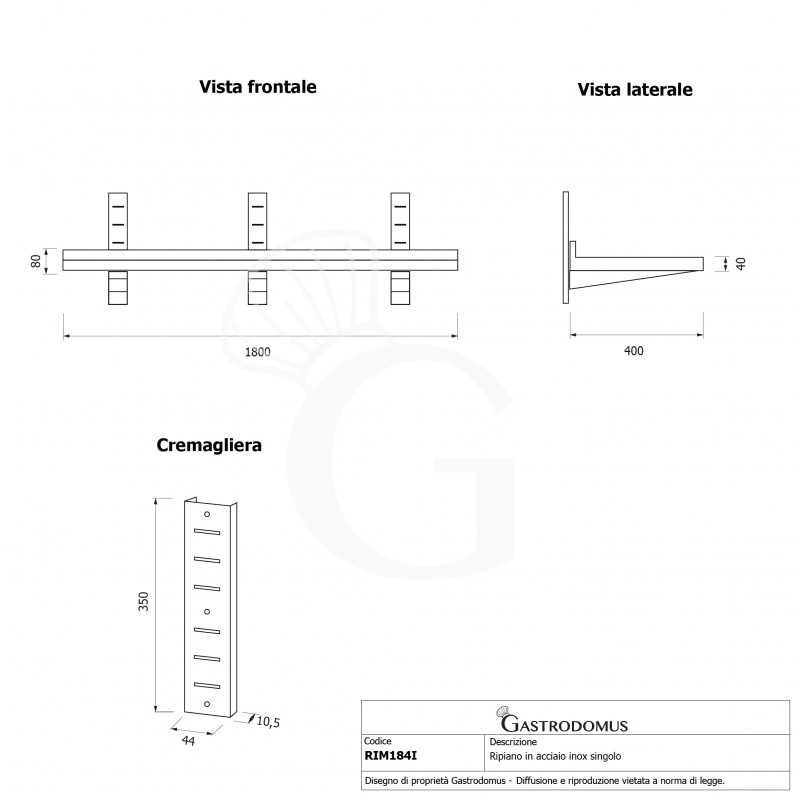 Estante de pared de acero inoxidable L 1800 mm x P 400 mm x A 350 mm