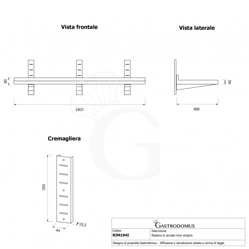 Estante de pared de acero inoxidable L 1900 mm x P 400 mm x A 350 mm