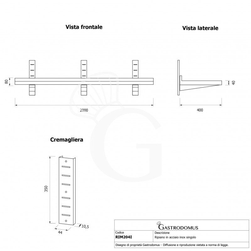 Estante de pared de acero inoxidable L 2000 mm x P 400 mm x A 350 mm