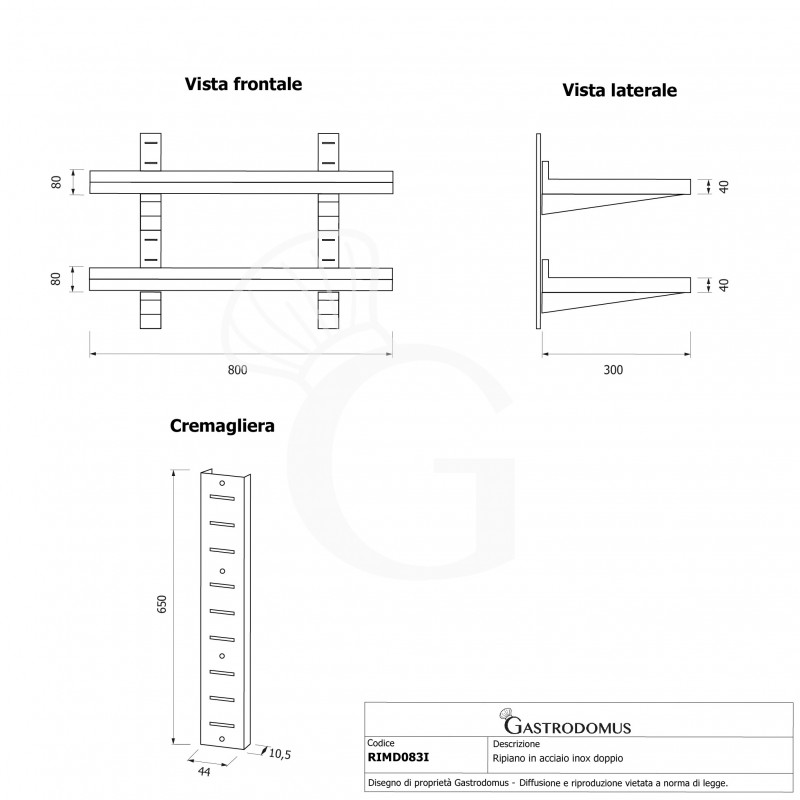 Estante de pared doble de acero inoxidable L 800 mm x P 300 mm x A 700 mm