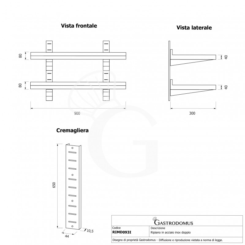 Estante de pared doble de acero inoxidable L 900 mm x P 300 mm x A 700 mm