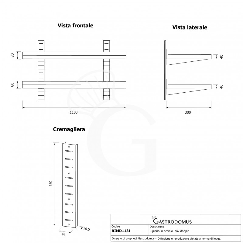 Estante doble en acero inoxidable, longitud 1100 mm x profundidad 300 mm x altura 700 mm