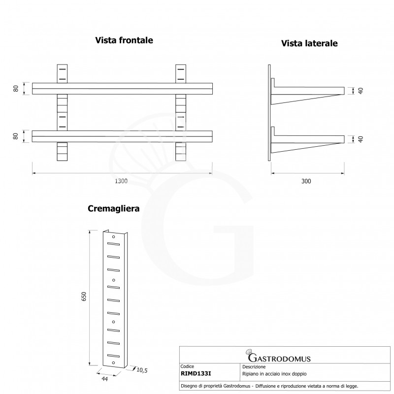 Estante de pared doble de acero inoxidable L 1300 mm x P 300 mm x A 700 mm