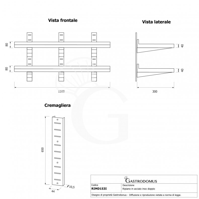 Estante doble en acero inoxidable, L 1500×P 300×H 700 mm