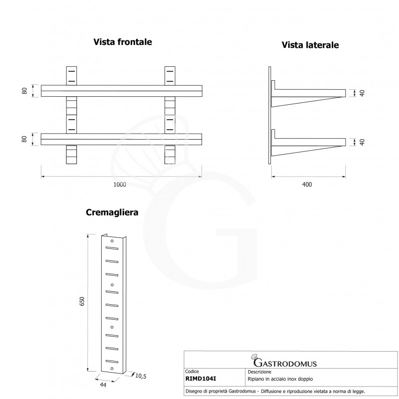 Estante de pared doble de acero inoxidable L 1000 mm x P 400 mm x A 700 mm