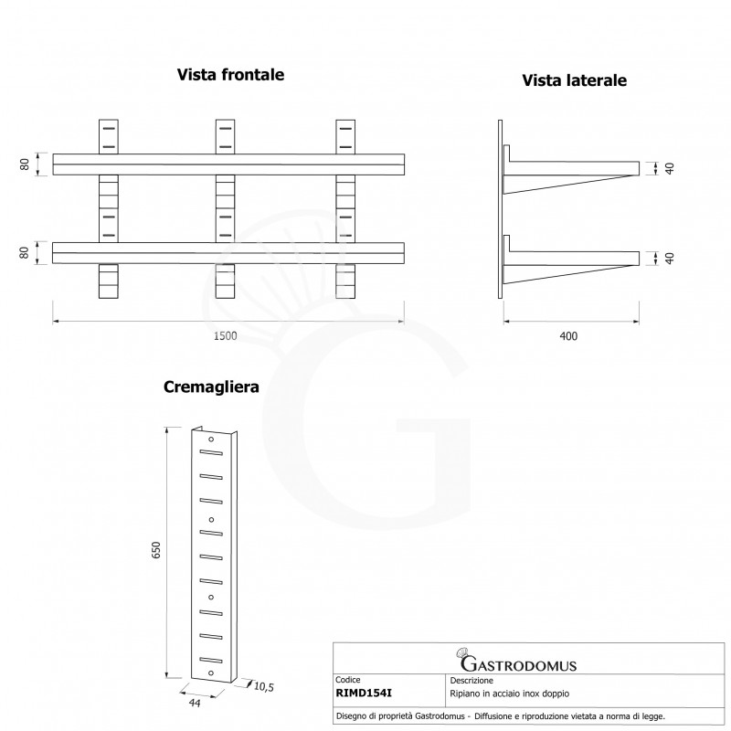 Estante de pared doble de acero inoxidable L 1500 mm x P 400 mm x A 700 mm