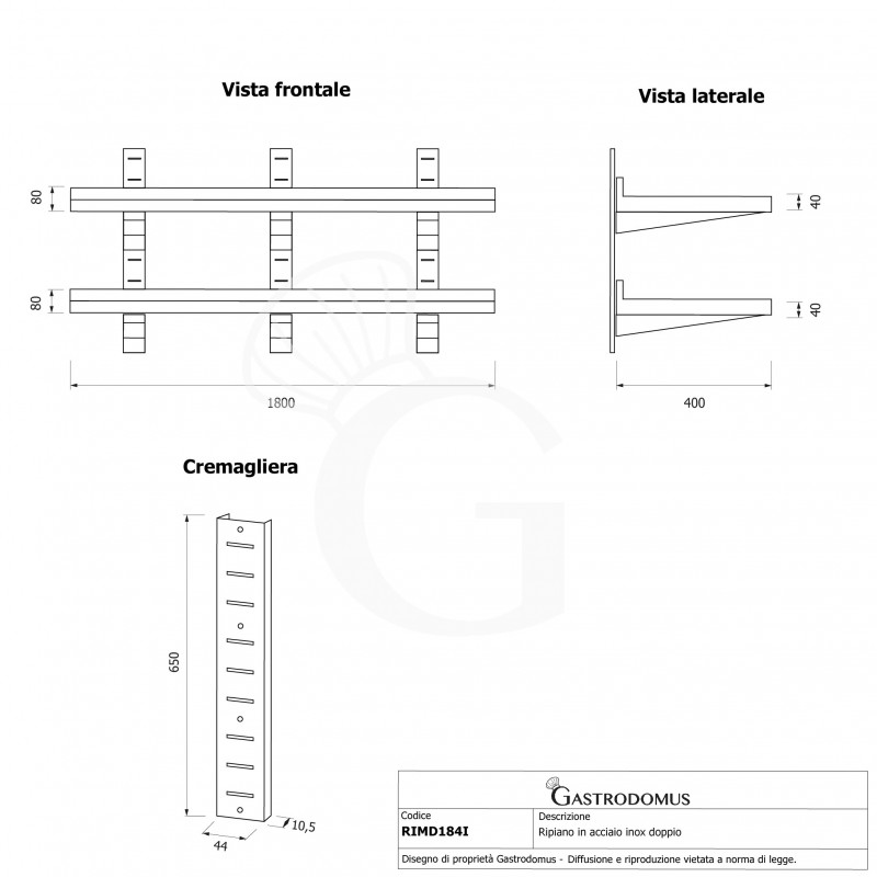 Estante de pared doble de acero inoxidable L 1800 mm x P 400 mm x A 700 mm