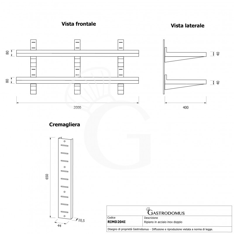 Estante de pared doble de acero inoxidable, L 2000 mm x P 400 mm x A 700 mm