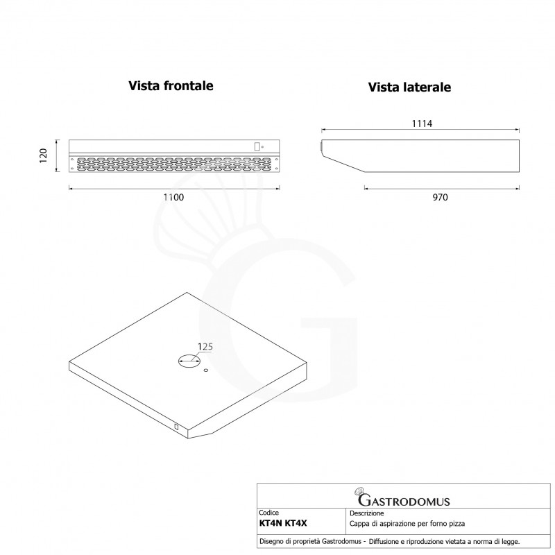 Campana inox para horno pizza- L 1100 mm x P 1114 mm x H 120 mm