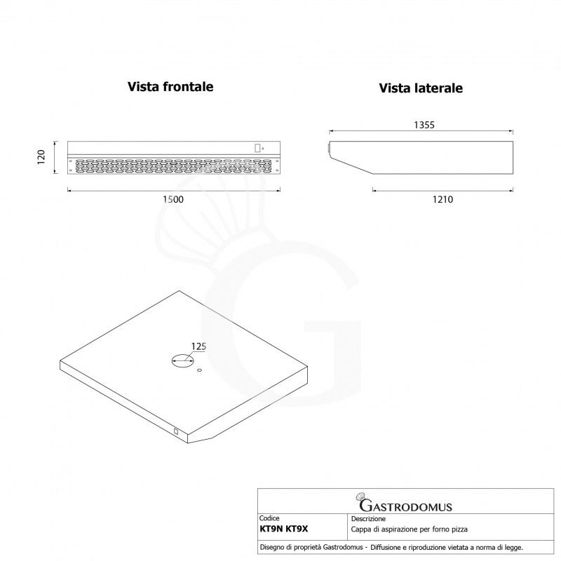 Campana inox color negro para horno pizza- L 1500 mm x P 1355 mm x H 120 mm