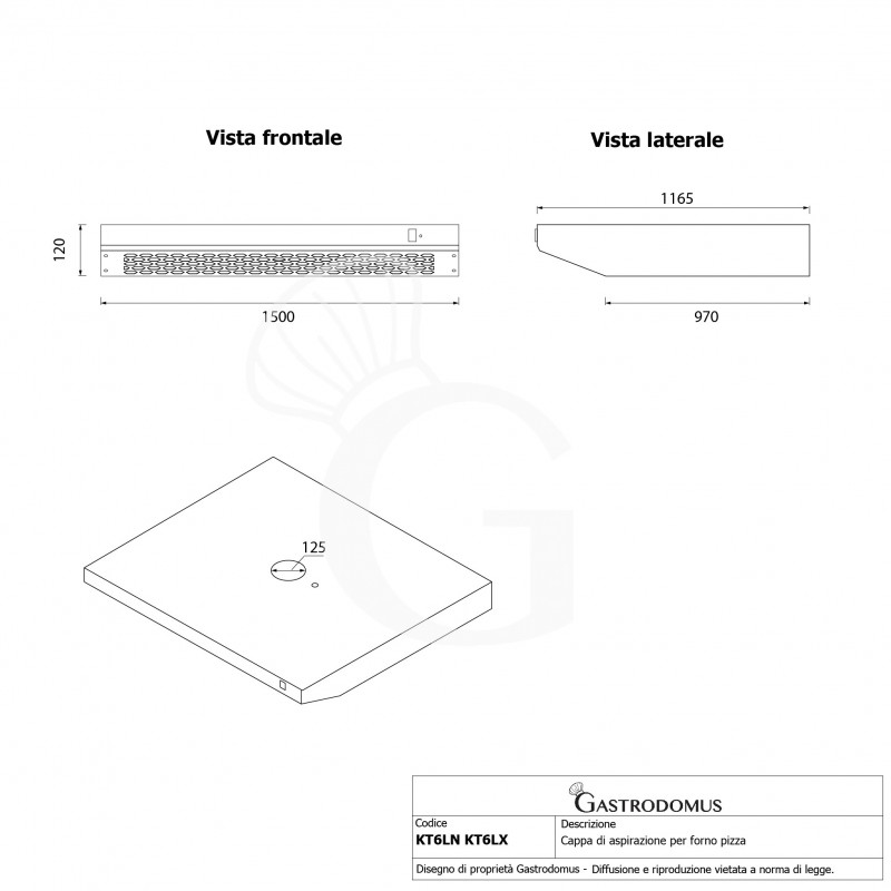 Campana inox para horno pizza- L 1500 mm x P 1165 mm x H 120 mm