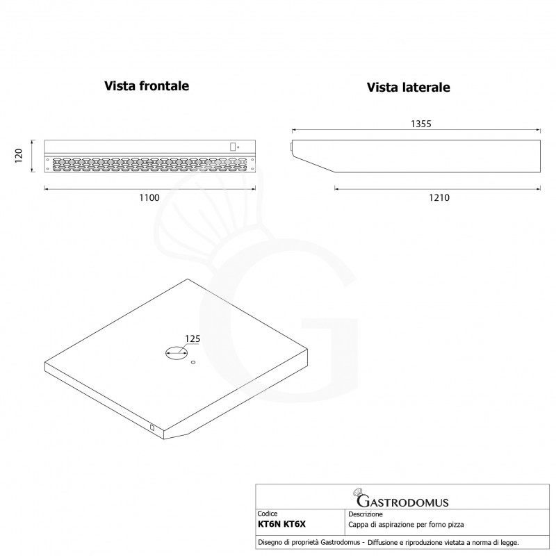 Campana inox para horno pizza- L 1100 mm x P 1355 mm x H 120 mm