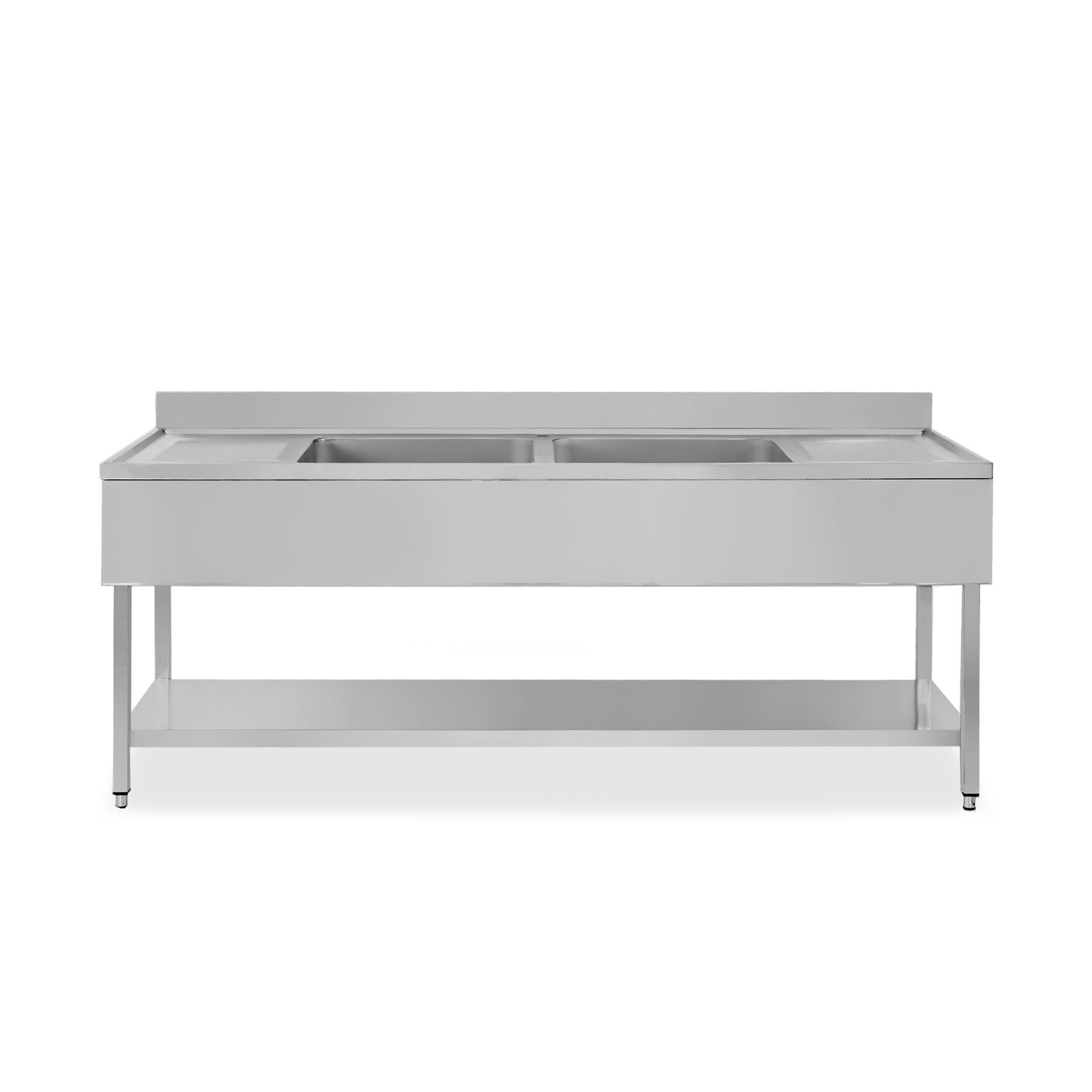 Fregadero con bastidor de acero inoxidable con 2 cubetas y 2 escurridores, estante y peto trasero 2000x600x950mm