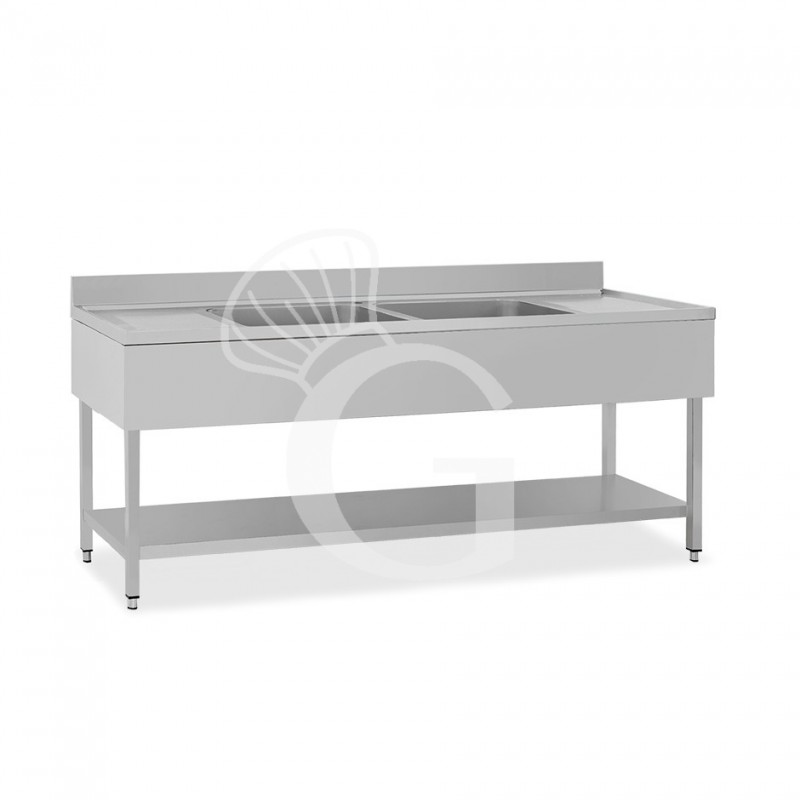 Fregadero con bastidor de acero inoxidable con 2 cubetas y 2 escurridores, estante y peto trasero 2000x600x950mm