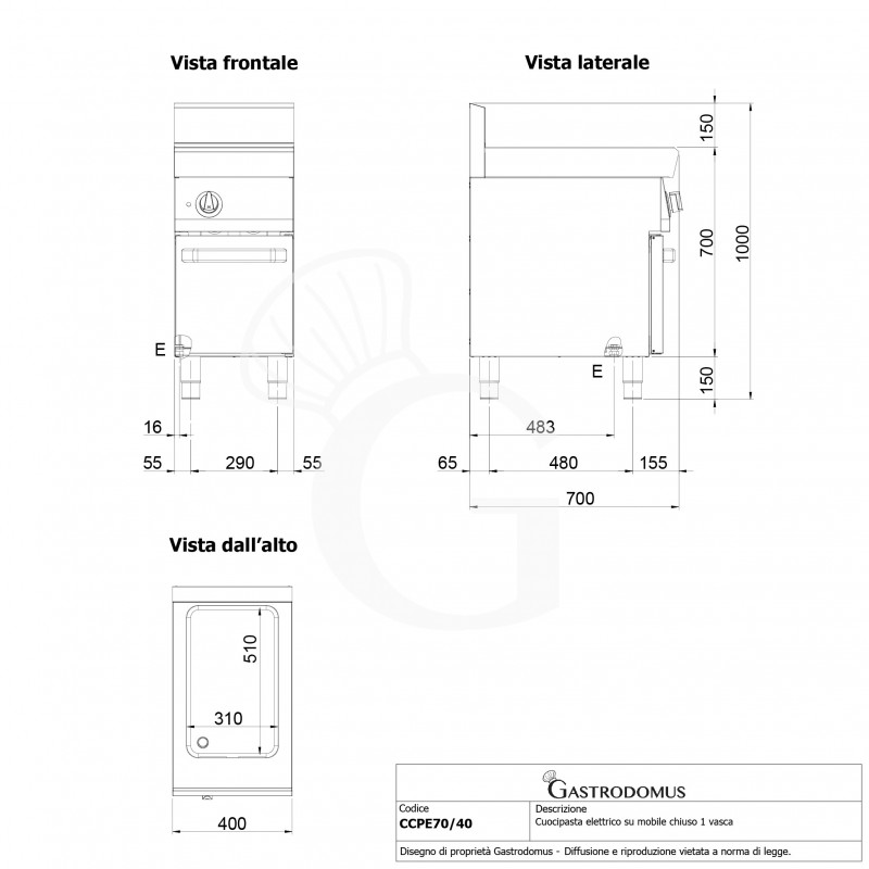 Cocedor de pasta eléctrico profesional 1 cuba - 40 LT - L 400 mm x P 700 mm x A 850 mm