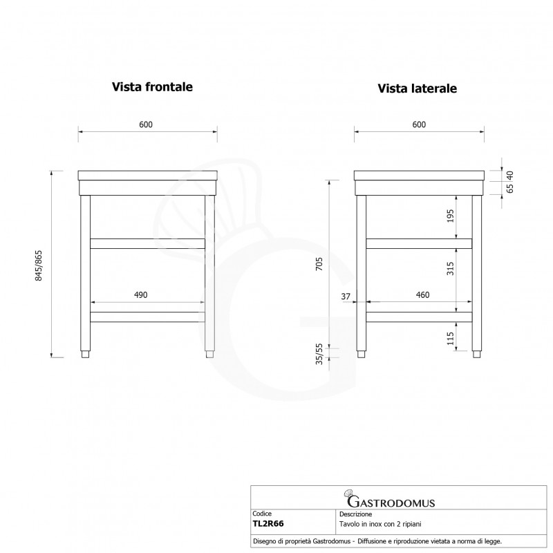 Mesa de acero inoxidable 2 estantes L 600 mm x P 600 mm x A 865 mm