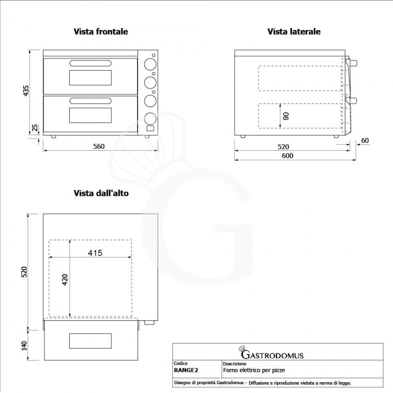 Horno eléctrico 1+1 pizza diámetro 350 mm 2 cámaras control mecánico temperatura 350°C potencia 3 Kw