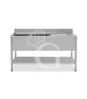 Fregadero inox 2 cubetas y escurridor a la derecha, estante y peto L 1500 mm x P 600 mm x A 950 mm