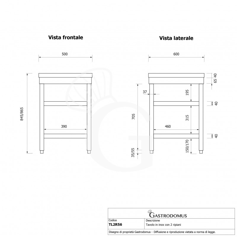 copy of Tavolo inox 2 ripiani L 500 mm x P 600 mm x H 850 mm