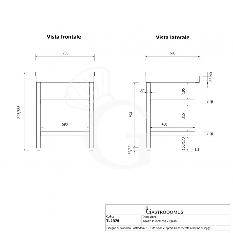 Mesa de acero inoxidable 2 estantes L 700 mm x P 600 mm x A 865 mm