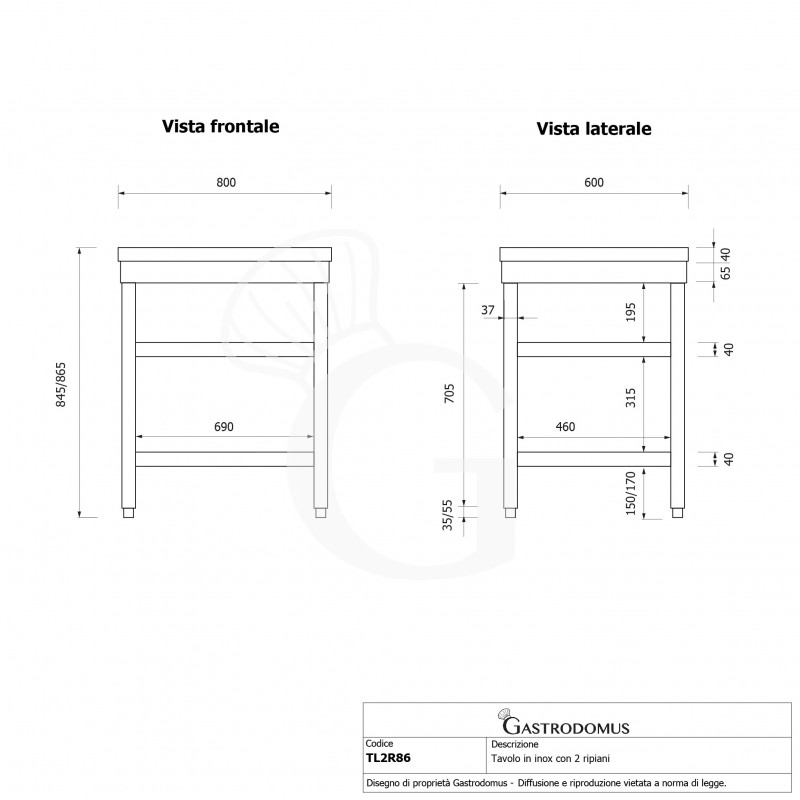 Mesa de acero inoxidable con 2 estantes, medidas L 800 mm x P 600 mm x H 865 mm
