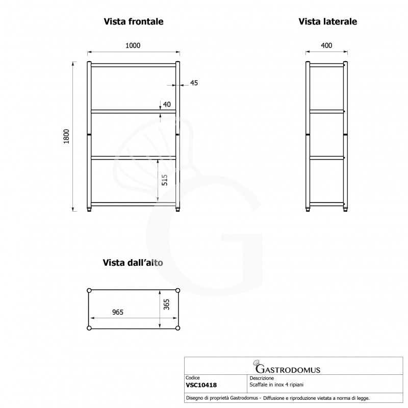 Estantería de acero inoxidable con 4 estantes L 1000 x P 400 x H 1800 mm