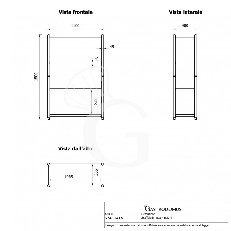 Estantería de acero inoxidable con 4 estantes L 1100 x P 400 x H 1800 mm.