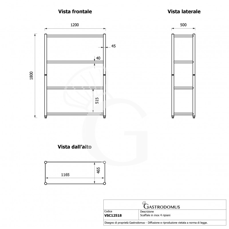 Estantería de acero inoxidable con 4 estantes L 1200 x P 500 x H 1800 mm.