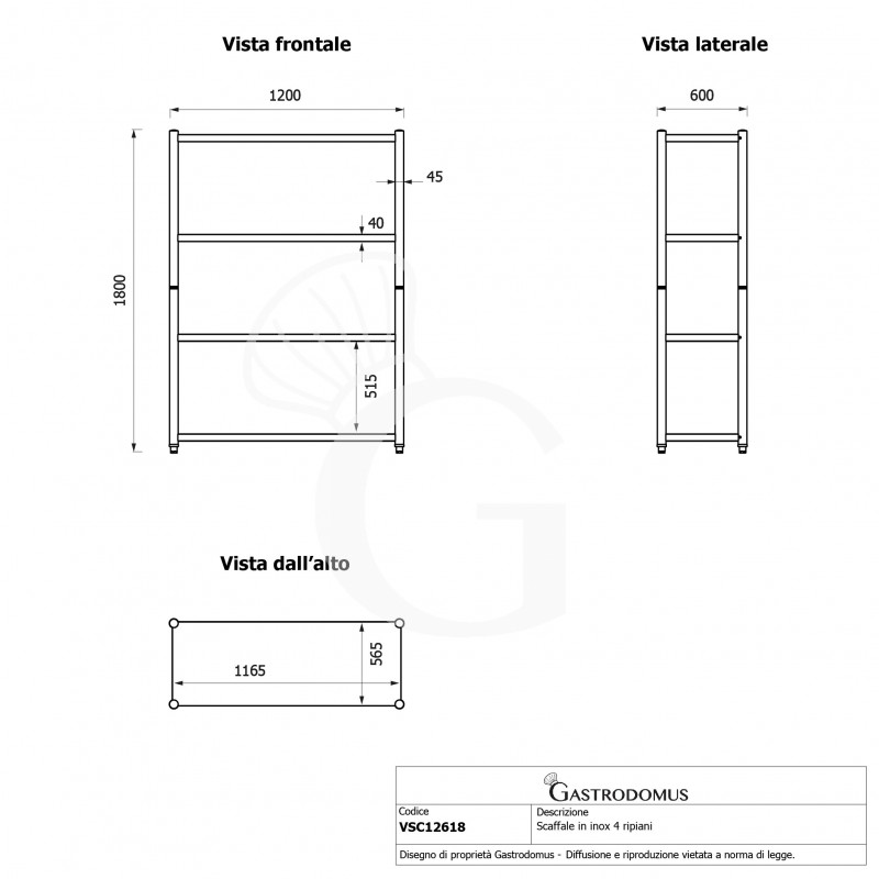 Estantería de acero inoxidable con 4 estantes, L 1200 x P 600 x H 1800 mm