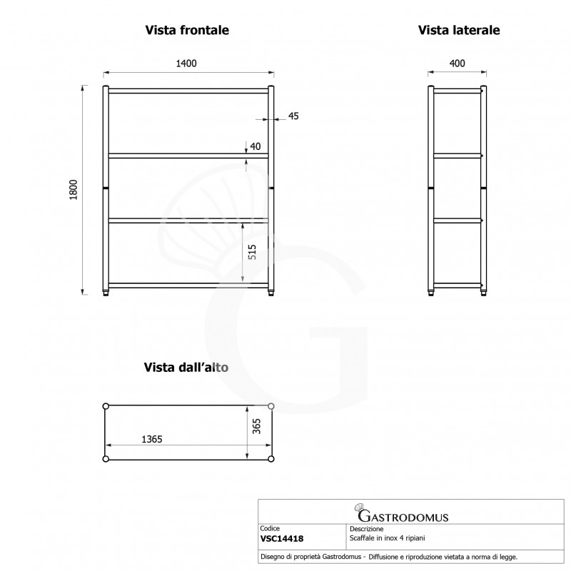 Estantería de acero inoxidable con 4 estantes L 1400 x P 400 x H 1800 mm