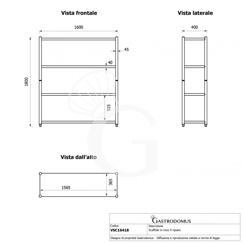 Estantería de acero inoxidable con 4 estantes L 1600 x P 400 x H 1800 mm.