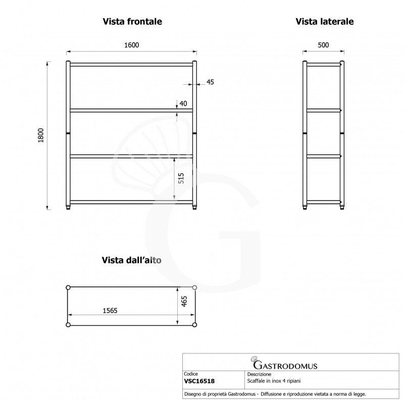 Estantería de acero inoxidable con 4 estantes L 1600 x P 500 x H 1800 mm