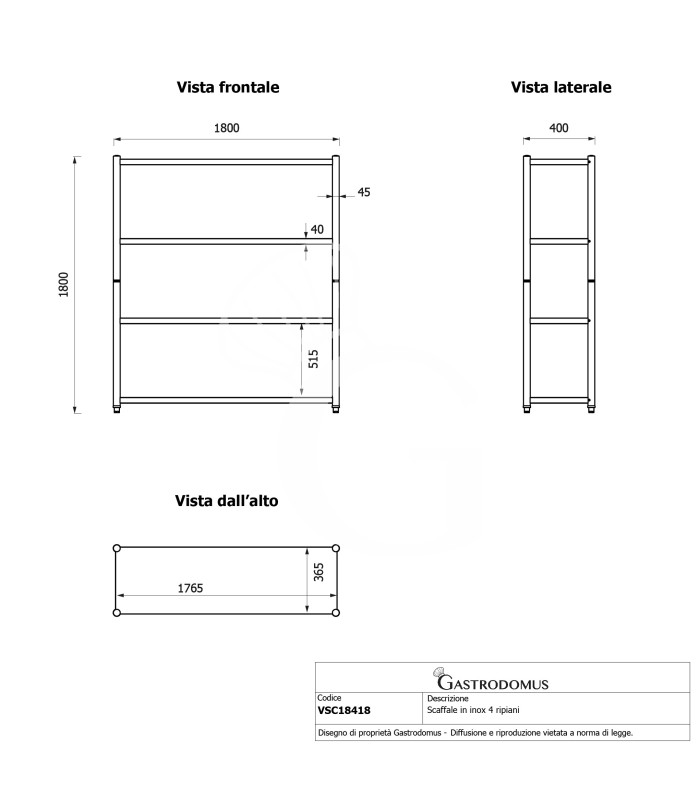 Estantería de acero inoxidable con 4 estantes L 1800 x P 400 x H 1800 mm