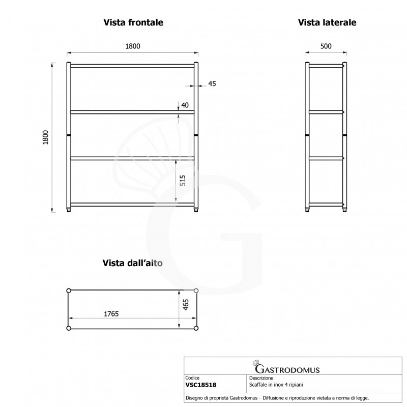 Estantería de acero inoxidable con 4 estantes L 1800 x P 500 x H 1800 mm