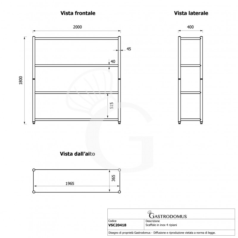 Estantería de acero inoxidable con 4 estantes L 2000 x P 400 x H 1800 mm