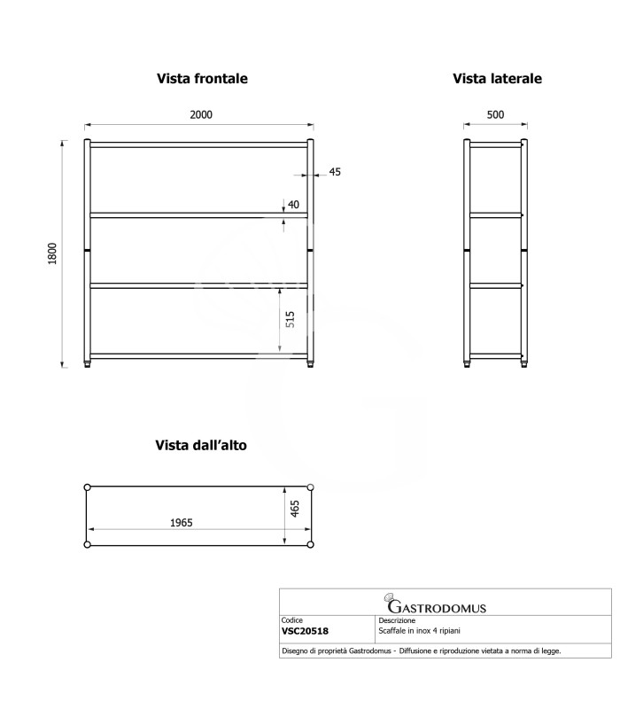 Estantería de acero inoxidable con 4 estantes L 2000 x P 500 x H 1800 mm