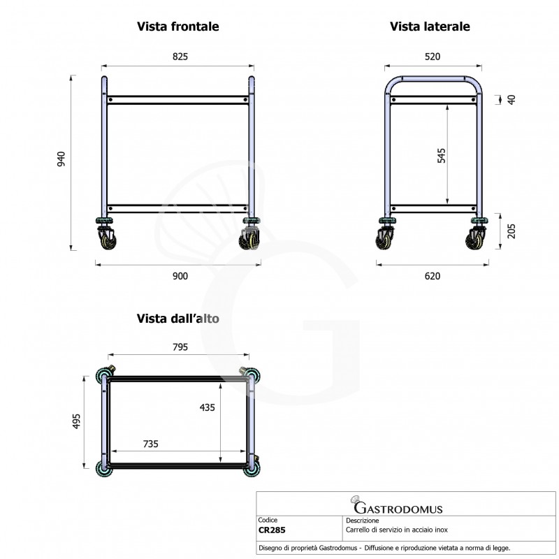 carro de servicio en acero inoxidable con 2 estantes l 900 x p 620 x h 940 mm