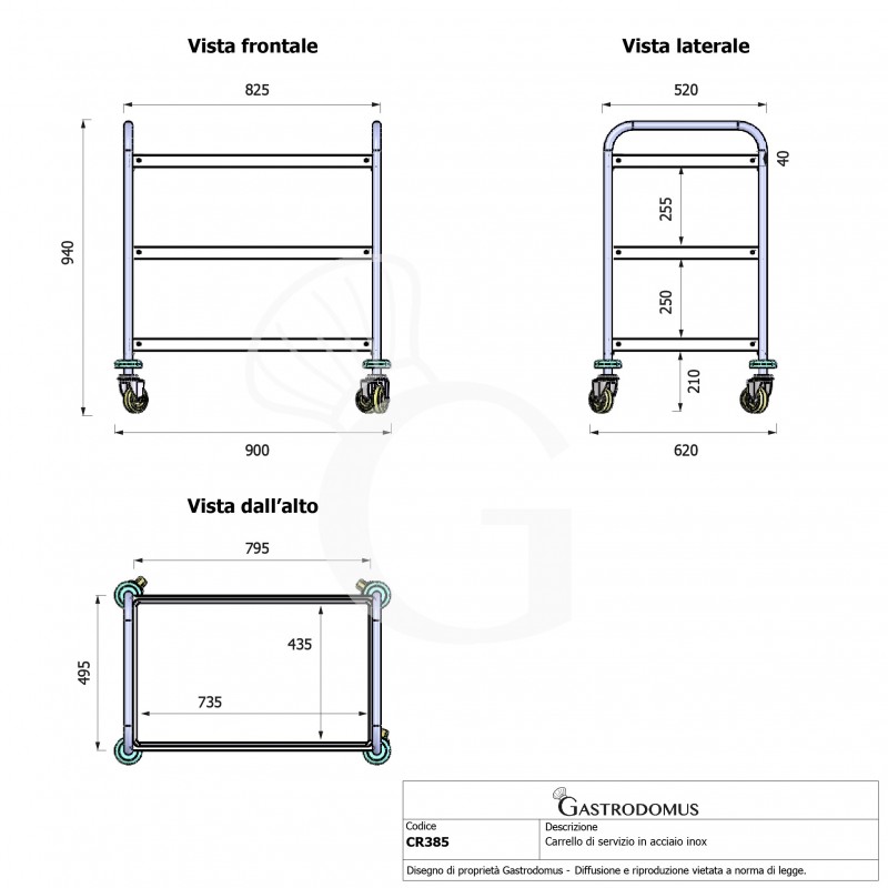 Carro de servicio en acero inoxidable con 3 niveles – L 900 x P 620 x H 940 mm