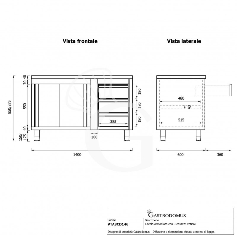 Mesa mural de acero – puertas correderas - 3 cajones a la derecha - L1400 x P600 x H850mm