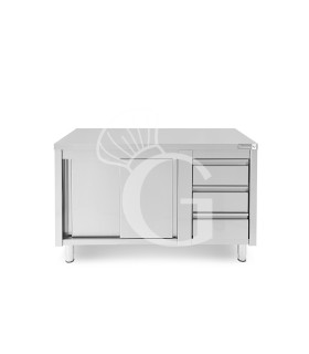 Mesa mural de acero – puertas correderas - 3 cajones a la derecha - L1400 x P600 x H850mm