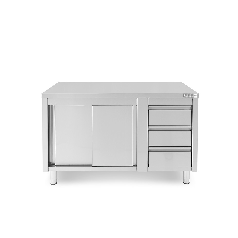 Mesa mural de acero – puertas correderas - 3 cajones a la derecha - L1400 x P600 x H850mm