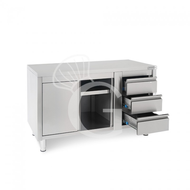 Mesa mural de acero – puertas correderas - 3 cajones a la derecha - L1400 x P600 x H850mm