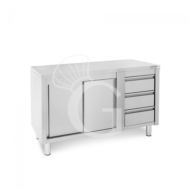 Mesa mural de acero – puertas correderas - 3 cajones a la derecha - L1400 x P600 x H850mm