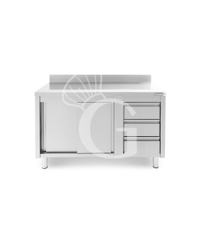 Mesa mural de acero con peto - puerta correderas - 3 cajones a la derecha - L1400 x P700 x H950mm