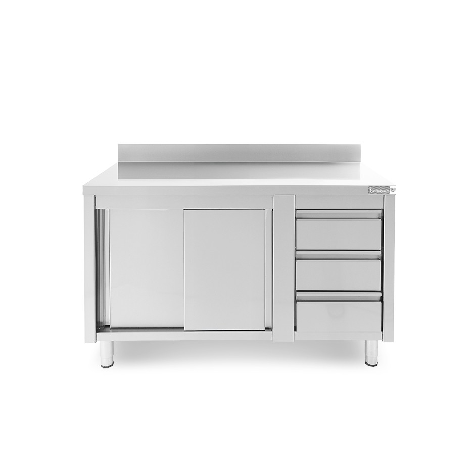 Mesa mural de acero con peto - puerta correderas - 3 cajones a la derecha - L1400 x P700 x H950mm