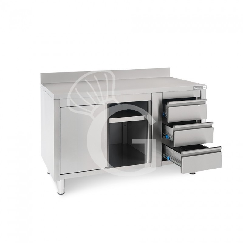 Mesa mural de acero con peto - puerta correderas - 3 cajones a la derecha - L1400 x P700 x H950mm