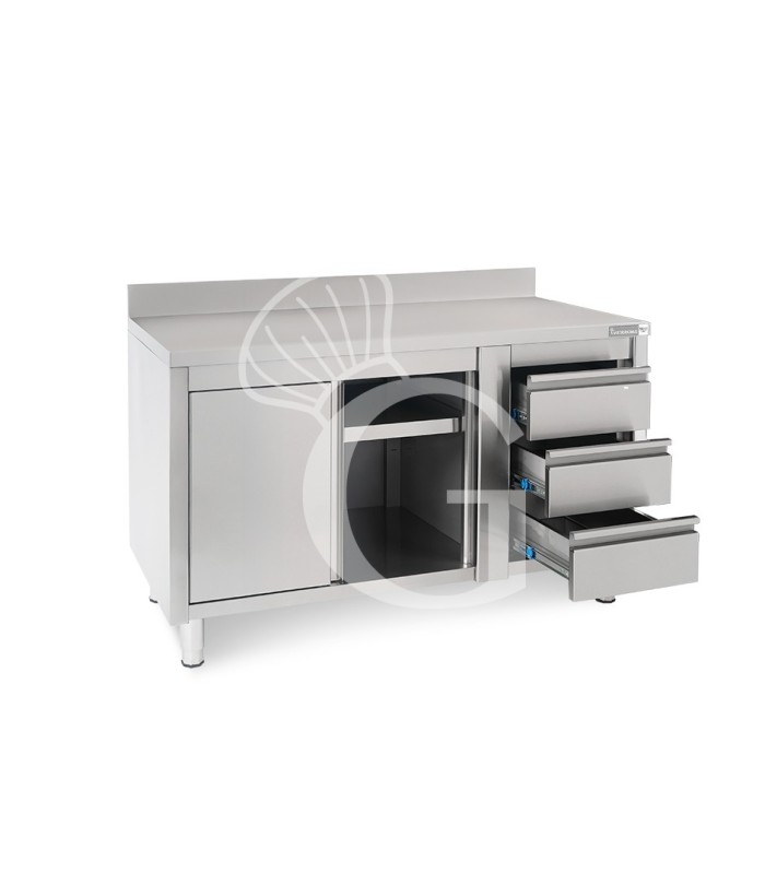 Mesa mural de acero con peto - puerta correderas - 3 cajones a la derecha - L1400 x P700 x H950mm